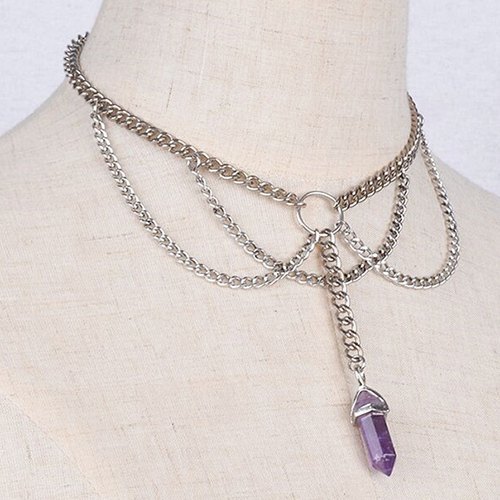 Stylish Silver Plated Multilayered Link Chain Faux Amethyst Choker For Women