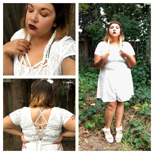 White lace romper and Etsy earrings