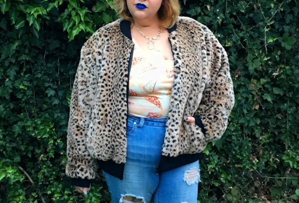 Leopard faux fur bomber jacket plus size