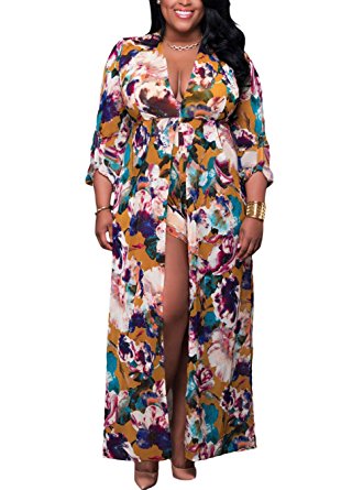 Lalagen Women's Floral 3/4 Sleeve Deep V Neck Plus Size Romper Maxi Dress