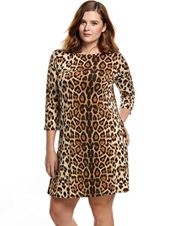 Meaneor Women Plus Size 3/4 Sleeve Scoop Neck Loose Swing Leopard Dress