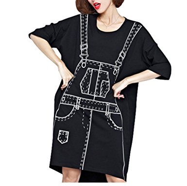 Carolbar Women's Plus Size 3D Suspender Skirt Printed T Shirt Dress