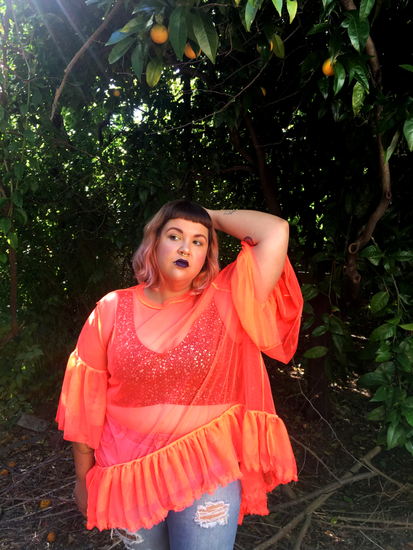 Neon orange plus size mesh top