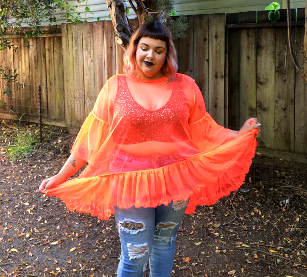 Neon orange plus size mesh top