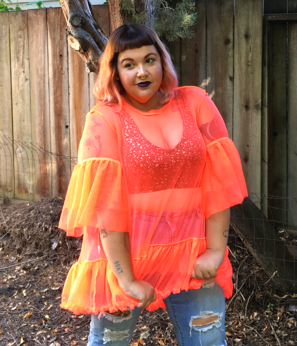 Neon orange plus size mesh top