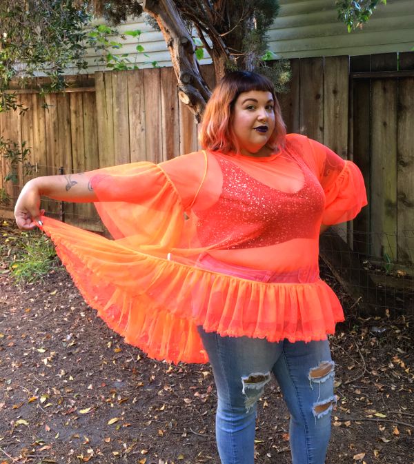 Neon orange plus size mesh top