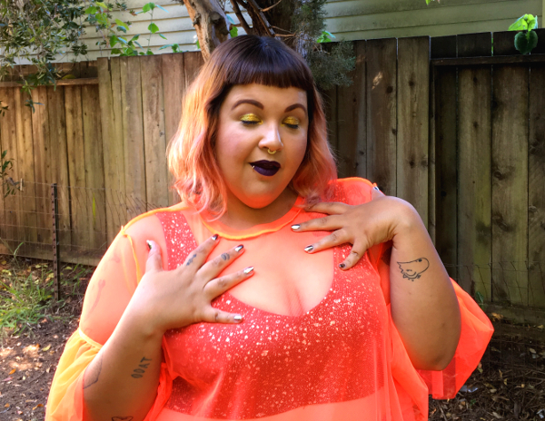 Neon orange plus size mesh top