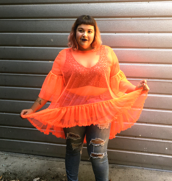 Neon orange plus size mesh top