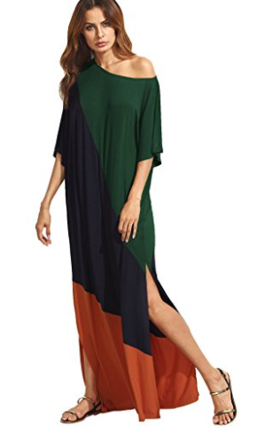 Verdusa Women's Summer Color Block Half Sleeve Split Casual Loose Shift Maxi Dress