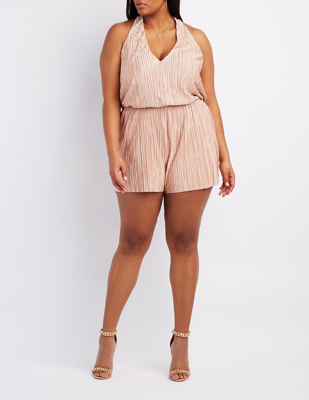 Plus Size Micro Pleated Plunging Romper