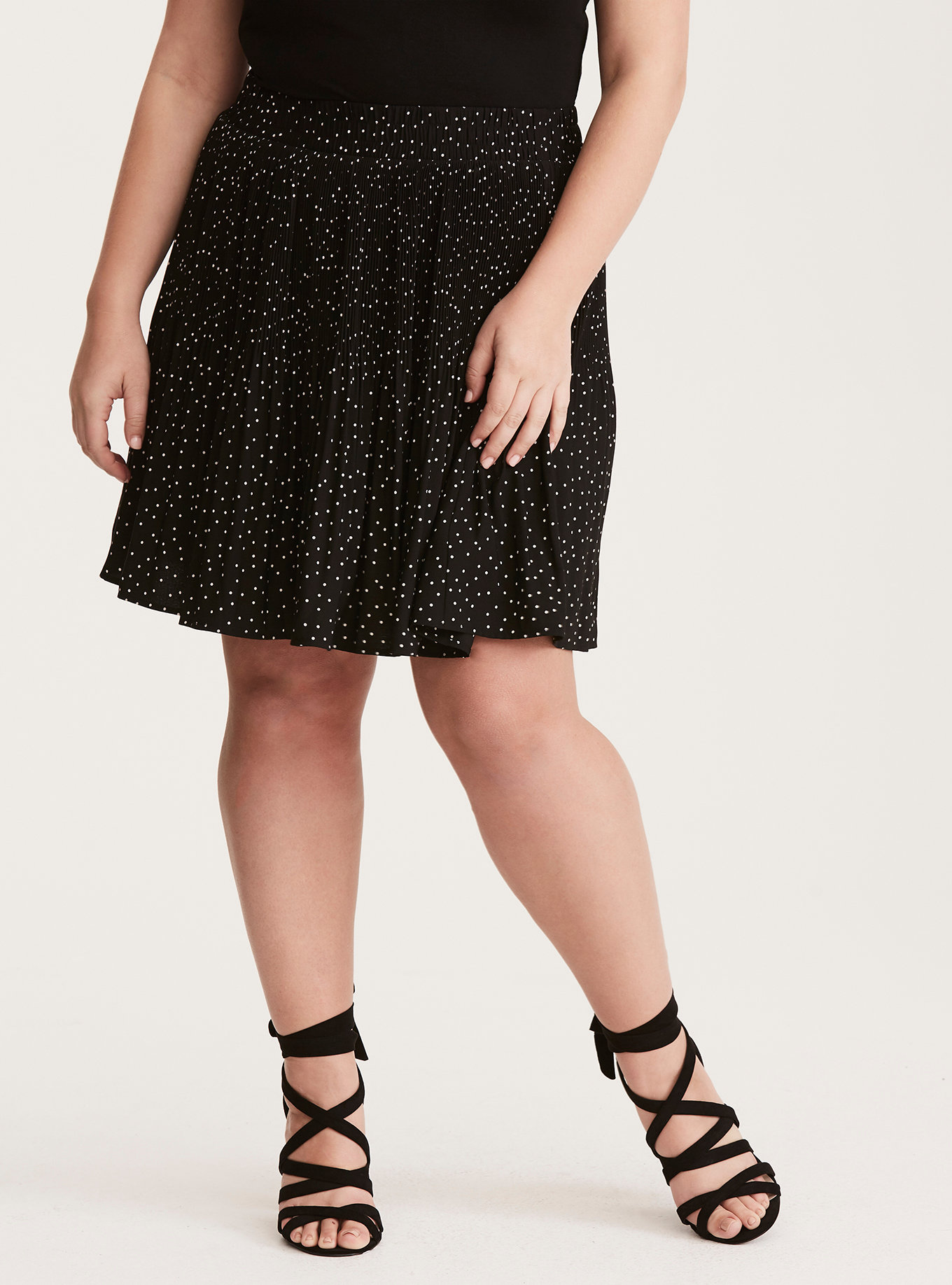 Polka Dot Print Crepe Pleated Skater Skirt