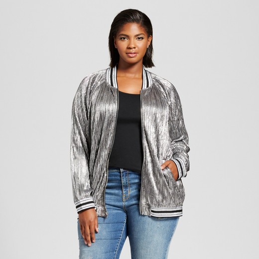 Women's Plus Size Pleated Metallic Bomber Jacket - Ava & Viv