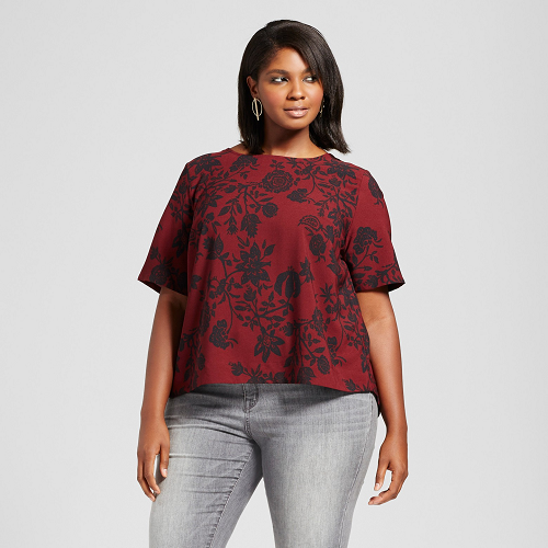 Women's Plus Size Floral Printed Blouse with Back Detail - Ava & Viv Burgundy